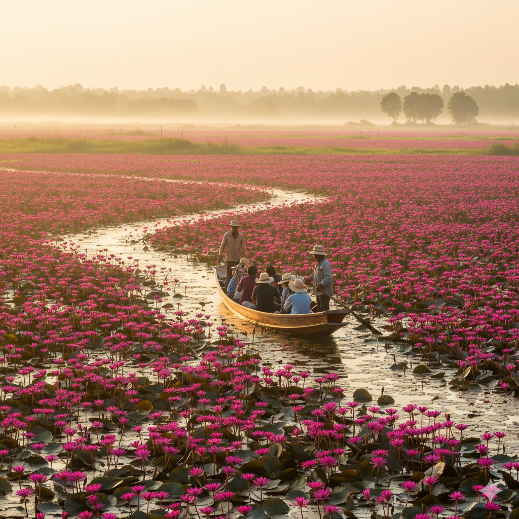 ทะเลบัวแดง อุดรธานี ทะเลบัวแดงหนองหาน ทะเลบัวสีชมพูที่ใหญ่ที่สุดในโลก